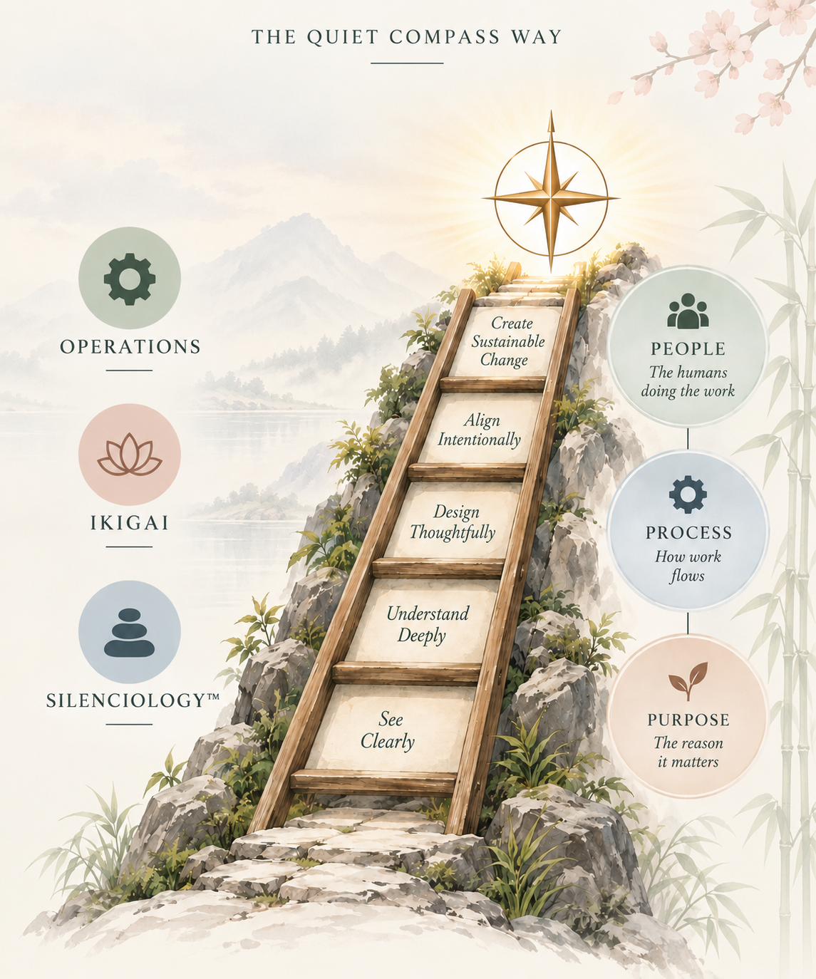 The Quiet Compass Way: Operations, Ikigai and Silenciology lenses alongside a path of See Clearly, Understand Deeply, Design Thoughtfully, Align Intentionally and Create Sustainable Change, grounded in People, Process and Purpose.
